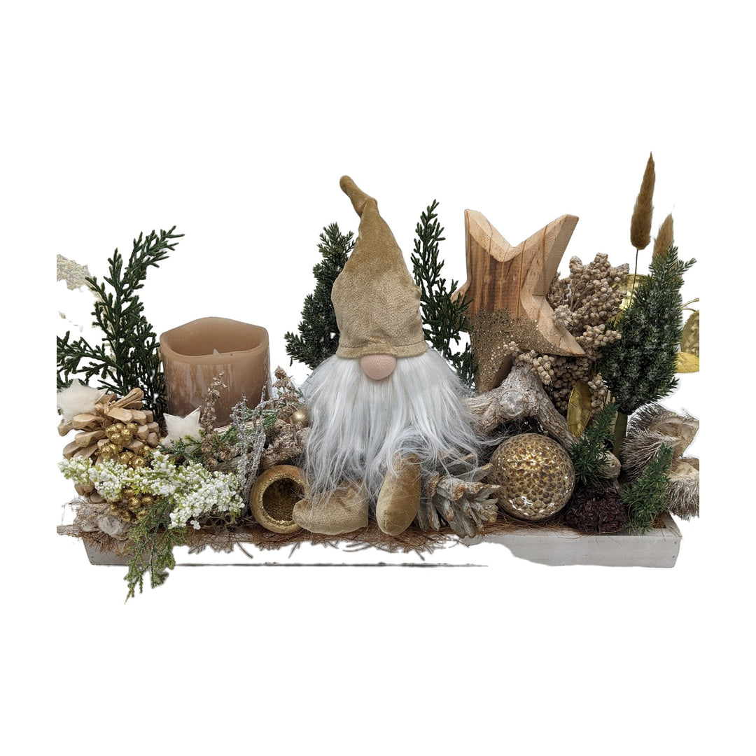 Freigestellt Weihnachtsgesteck Wichtel LED Kerze Stern Kugel natur gold