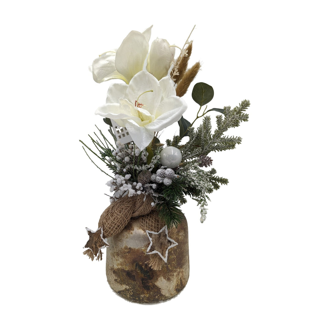 Freigestellt Weihnachtsgesteck Amaryllis Kugel Stern Zapfen weiß natur
