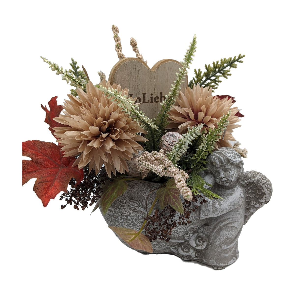 Freigestellt Trauergesteck Engel Herz In Liebe Chrysanthemen Heide apricot grau