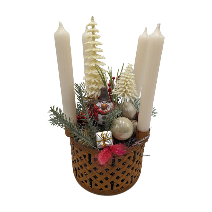 Freigestellt Adventsgesteck Schneemann Tannenbäumchen Kugeln creme rost