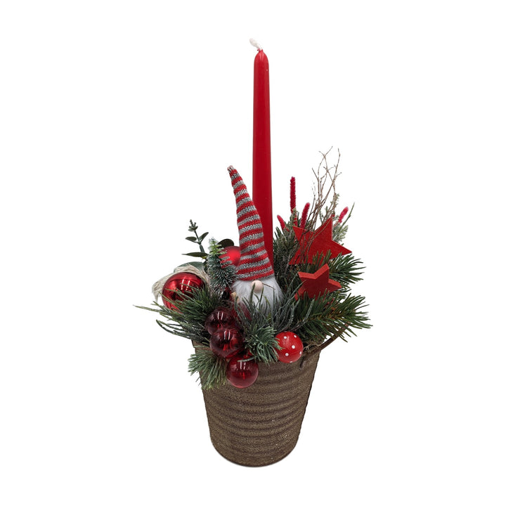 Freigestellt Weihnachtsgesteck Wichtel Kugeln Sterne Kerze rot grün