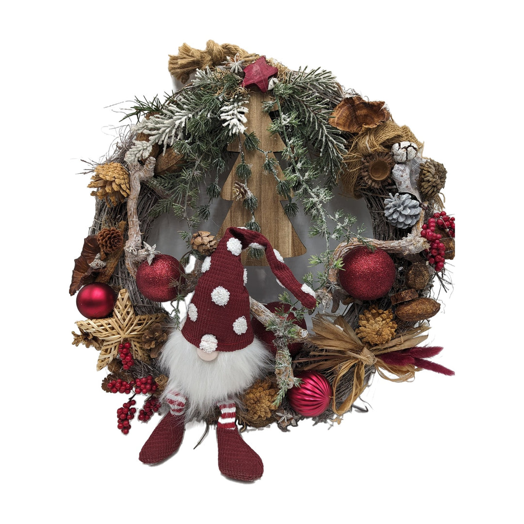 Freigestellt Türkranz Weihnachten Wichtel Tannenbaum Kugeln rot natur