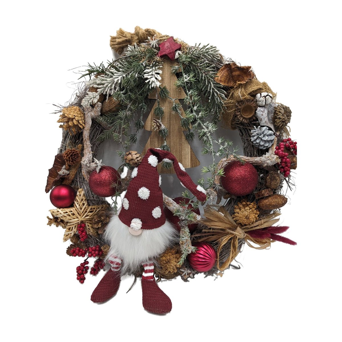 Freigestellt Türkranz Weihnachten Wichtel Tannenbaum Kugeln rot natur