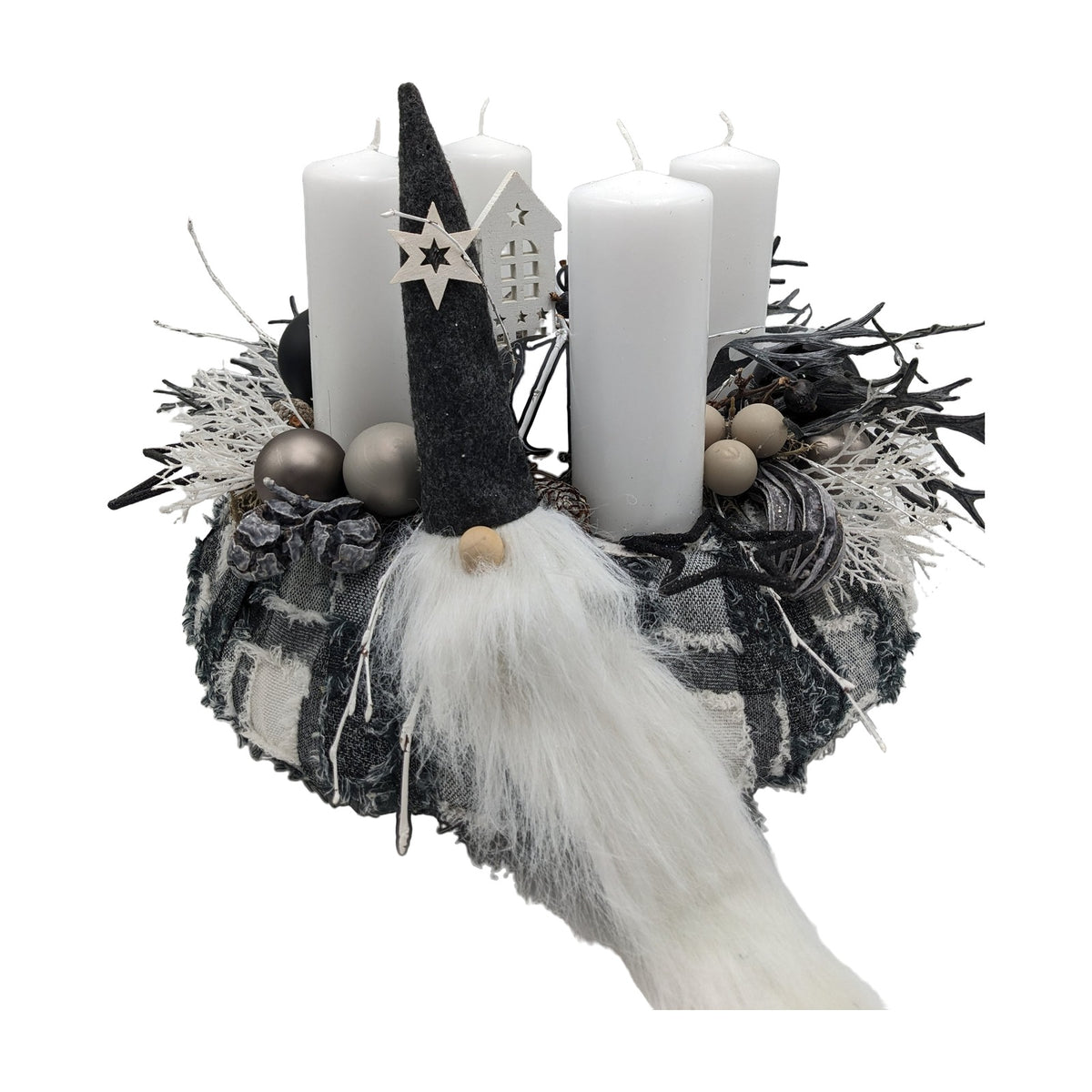 Freigestellt Adventskranz Wichtel Haus Kugeln Sterne schwarz weiß