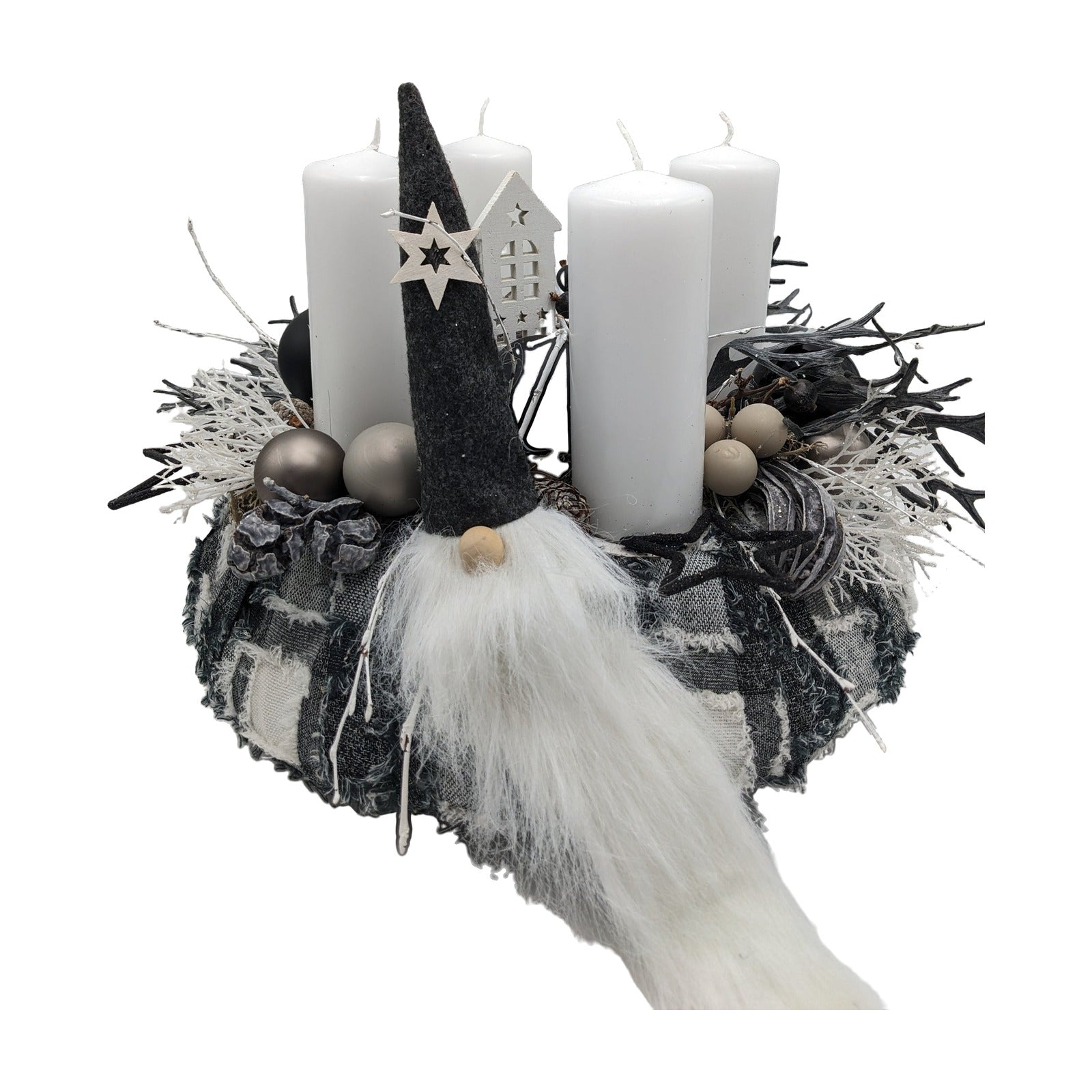 Adventskranz Wichtel Haus Kugeln Sterne schwarz weiß
