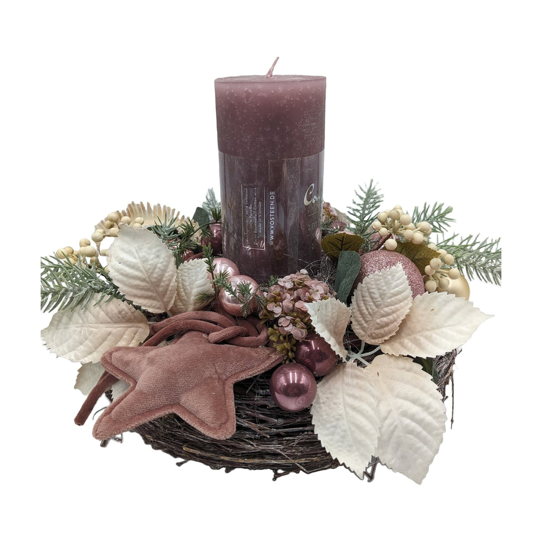 Freigestellt Weihnachtsgesteck Kugeln Stern Kerze rosa creme