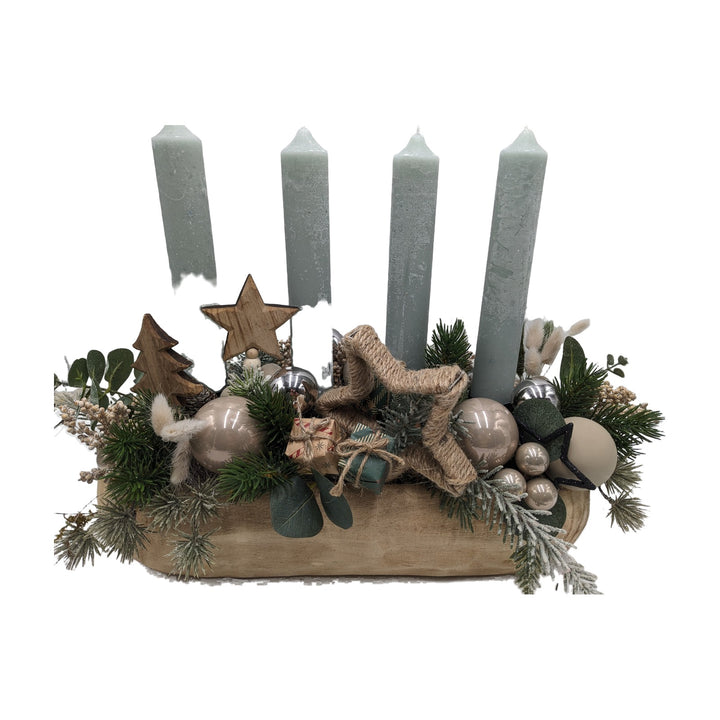 Freigestellt Adventsgesteck Holzlade Kugeln Stern Geschenke natur salbei