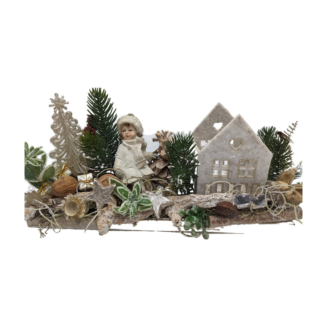 Freigestellt Weihnachtsgesteck Teelicht Haus Stern Mädchen creme natur