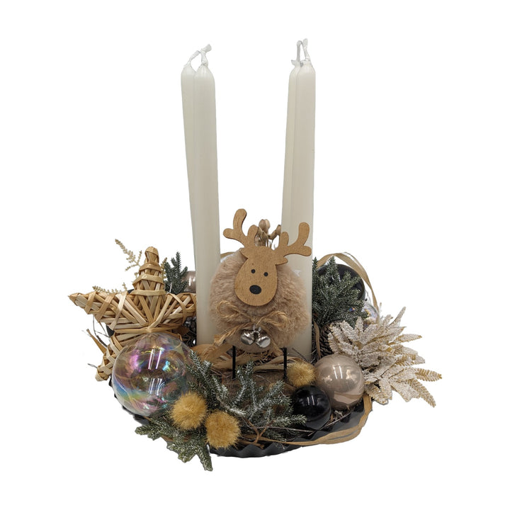 Freigestellt Adventsgesteck Kugeln Stern Hirsch natur creme schwarz