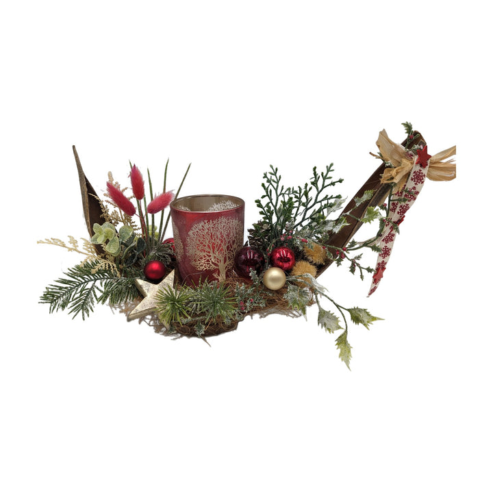 Freigestellt Weihnachtsgesteck Teelicht Stern Schleife Tanne rot creme