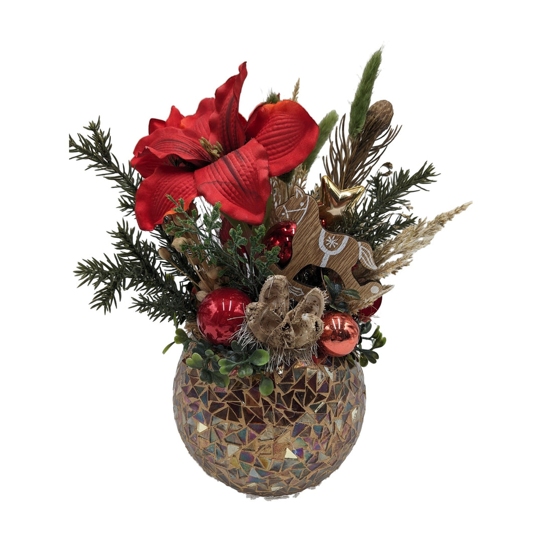 Freigestellt Weihnachtsgesteck Amaryllis Schaukelpferd Kugeln rot gold