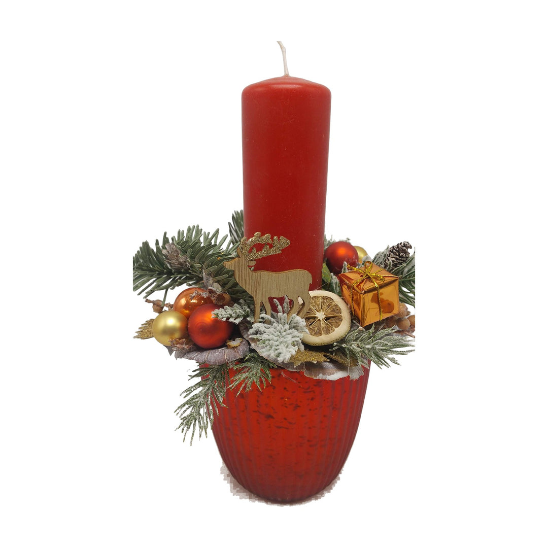 Freigestellt Weihnachtsgesteck Kerze Kugeln Hirsch Zitrone rot orange gold