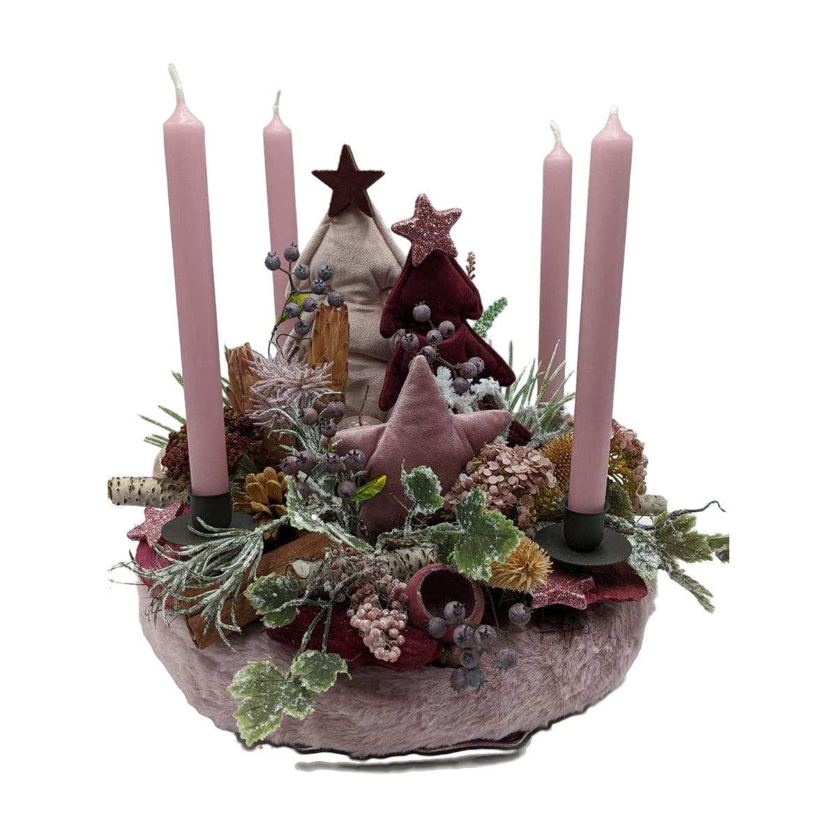 Freigestellt Weihnachtsgesteck Adventskranz Kerzen Sterne Tannenbäumchen Beeren rosa