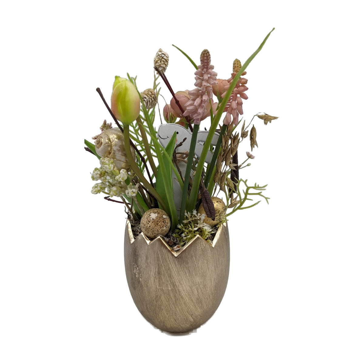 Freigestellt Ostergesteck Traubenhyazinthe Tulpe Hase Ei im Eiertopf rosa gold