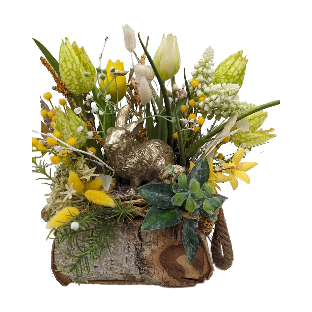 Freigestellt Ostergesteck Frühlingsgesteck Tulpen Hase gelb gold
