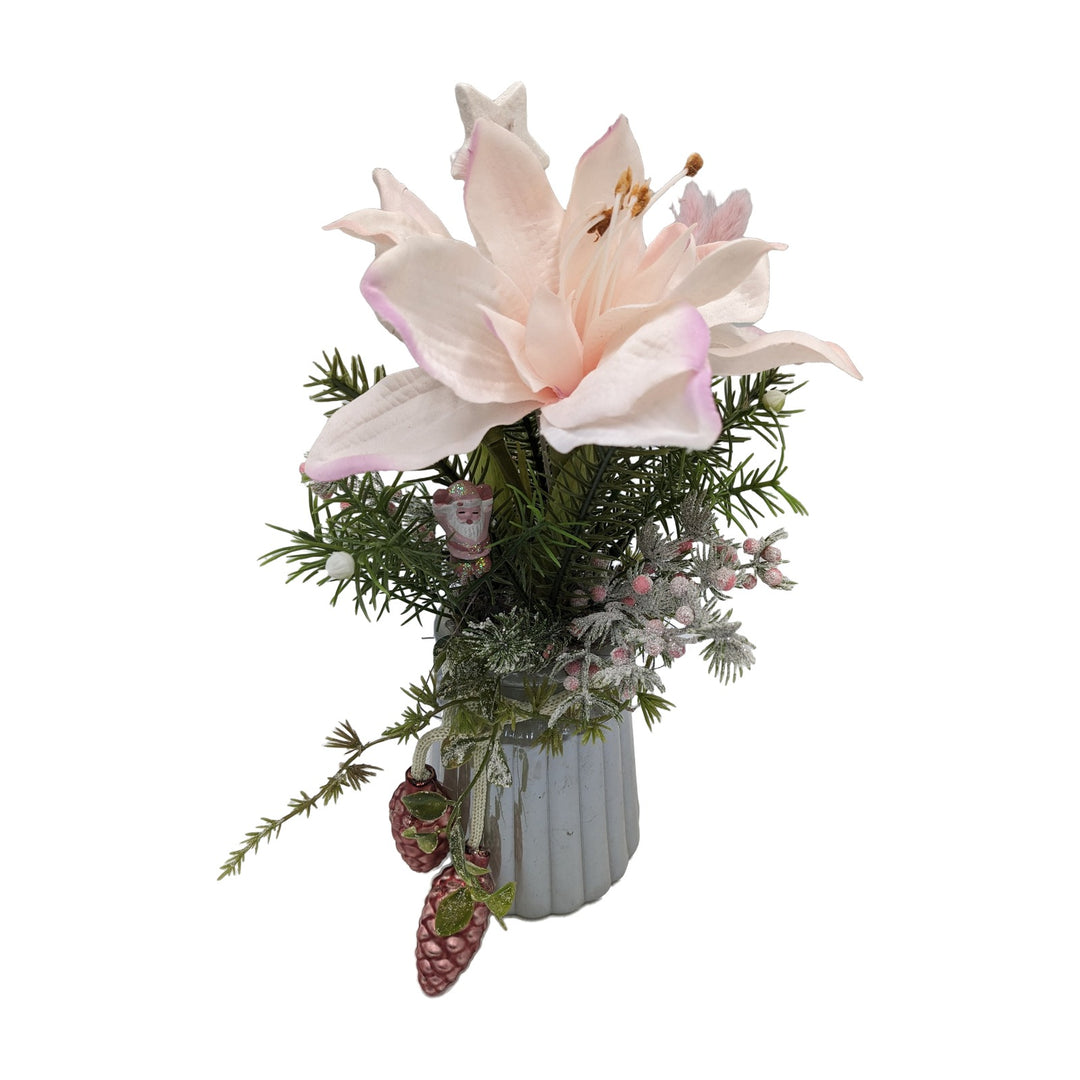 Freigestellt Wintergesteck Vase Amaryllis Zapfen Beeren rosa grau