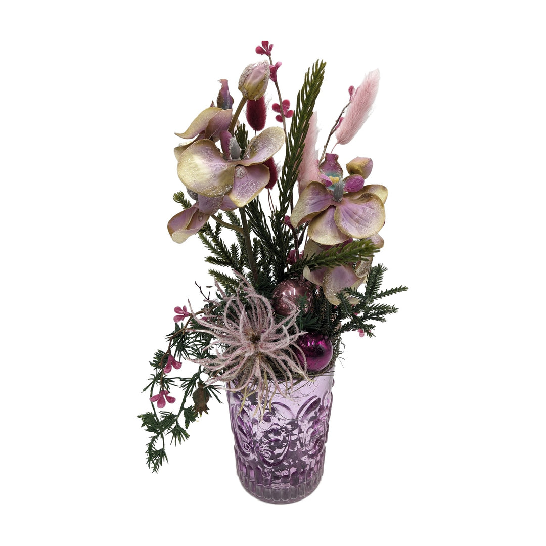 Freigestellt Wintergesteck Orchideen Gräser Tanne lila rosa