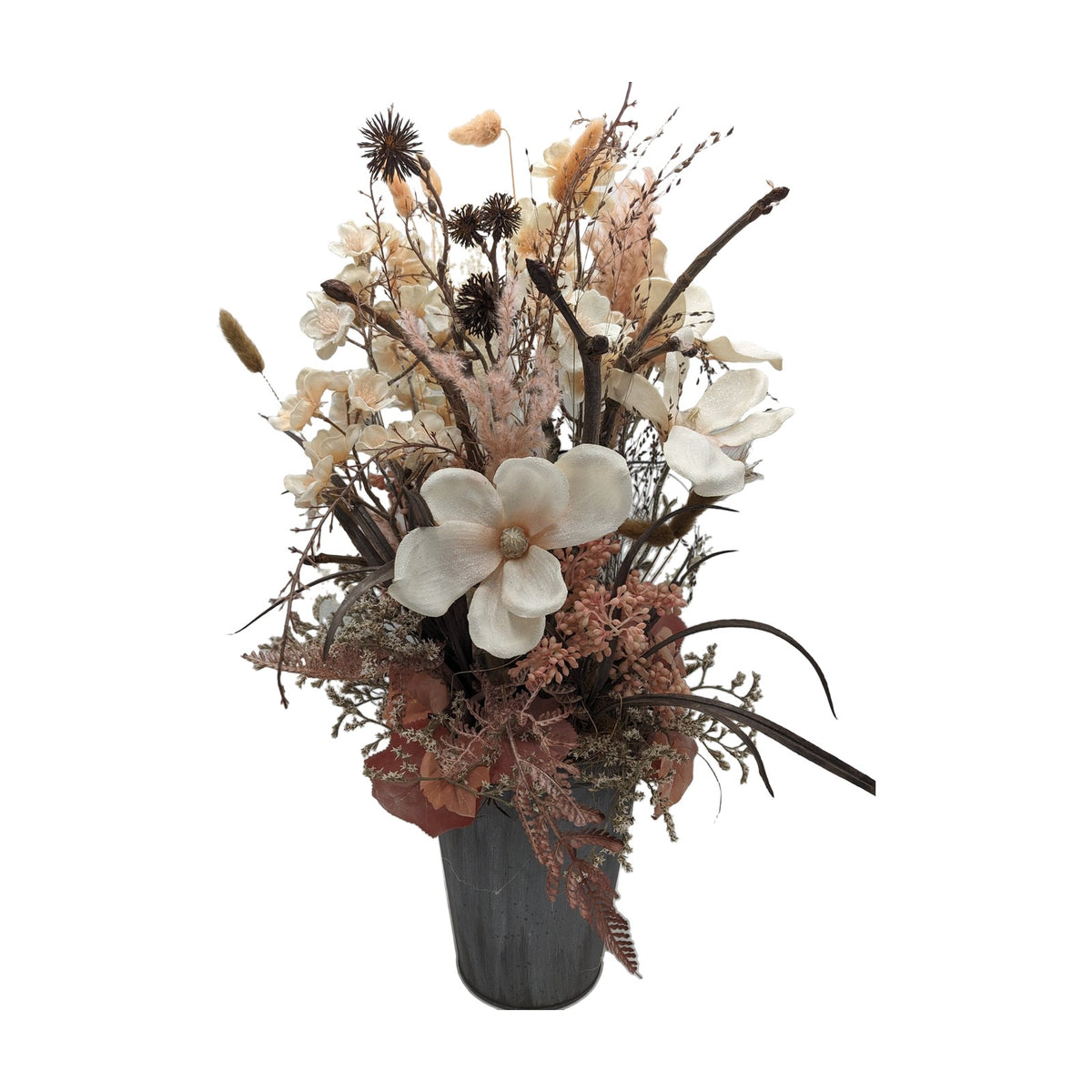 Freigestellt Herbstgesteck Magnolien Kirschblüten Gräser creme apricot