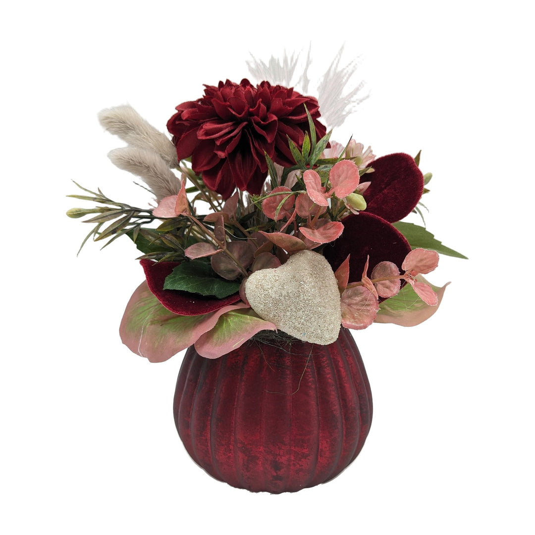 Freigestellt Frühlingsgesteck Valentinstag Herz Dahlie Gräser rot rosa