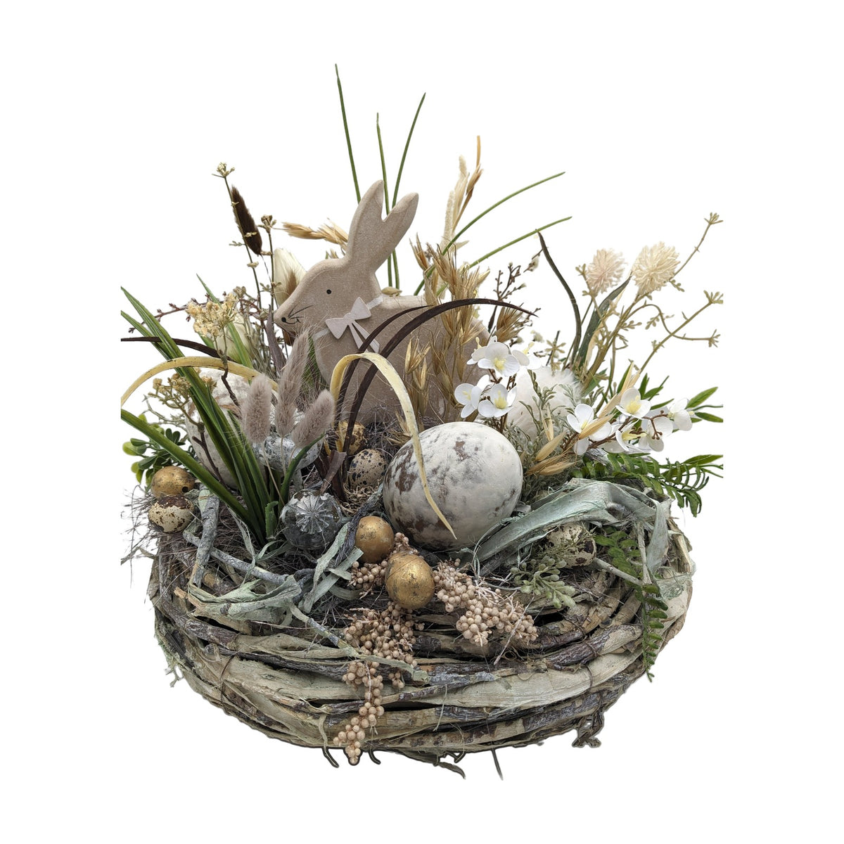 Freigestellt Osterkranz Frühlingskranz Hase Eier Gräser natur weiss