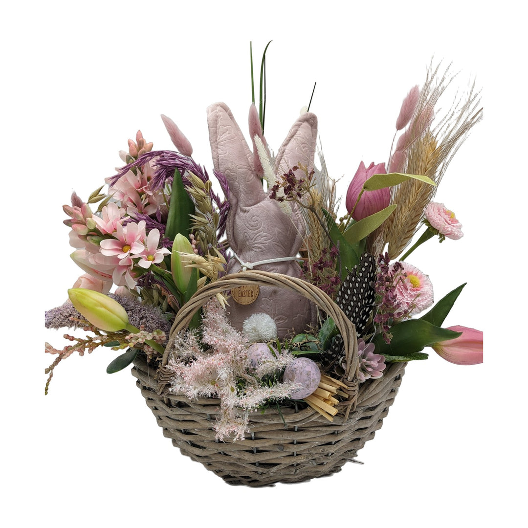 Freigestellt Ostergesteck Frühlingsgesteck Hase Tulpen Bellis Gräser rosa