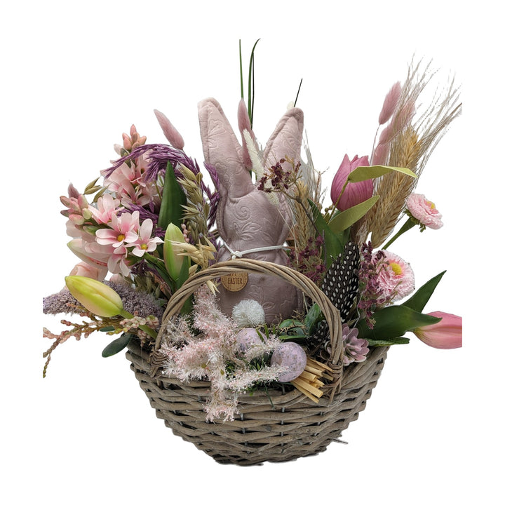 Freigestellt Ostergesteck Frühlingsgesteck Hase Tulpen Bellis Gräser rosa