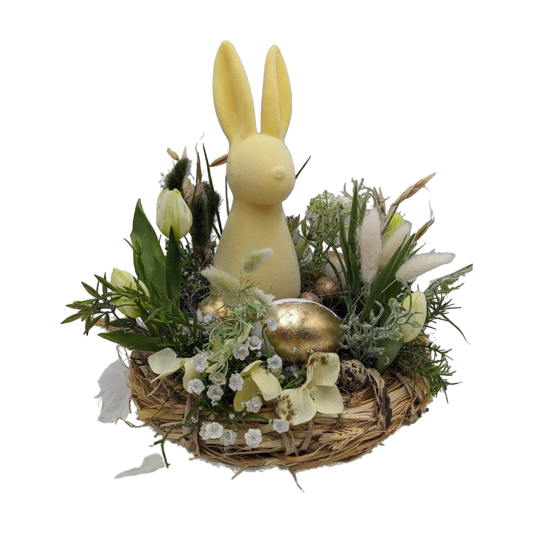Freigestellt Ostergesteck Frühlingsgesteck Hase Tulpen Gräser gelb gold