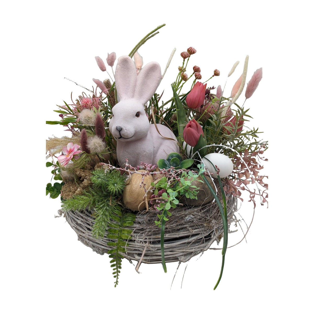 Freigestellt Osterkranz Ostergesteck Hase Tulpen Gräser Eier rosa