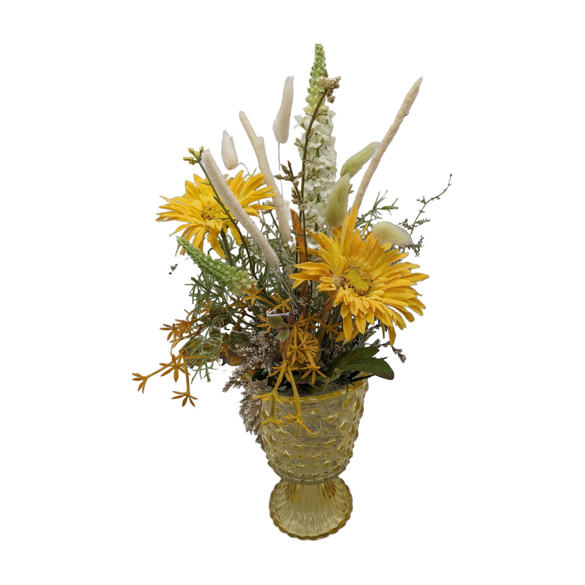 Freigestellt Frühlingsgesteck Gerbera Gräser Blüten gelb weiss im Glas