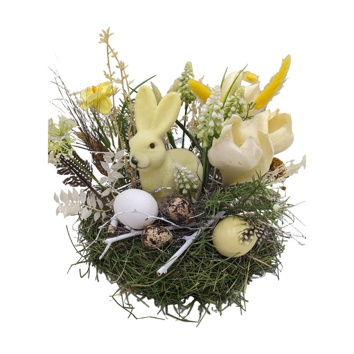 Freigestellt Ostergesteck Hase Eier Hyazinthen Gräser gelb creme