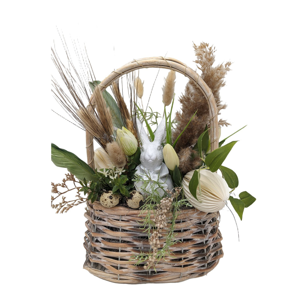 Freigestellt Ostergesteck Frühlingsgesteck Hase Tulpen Gräser creme