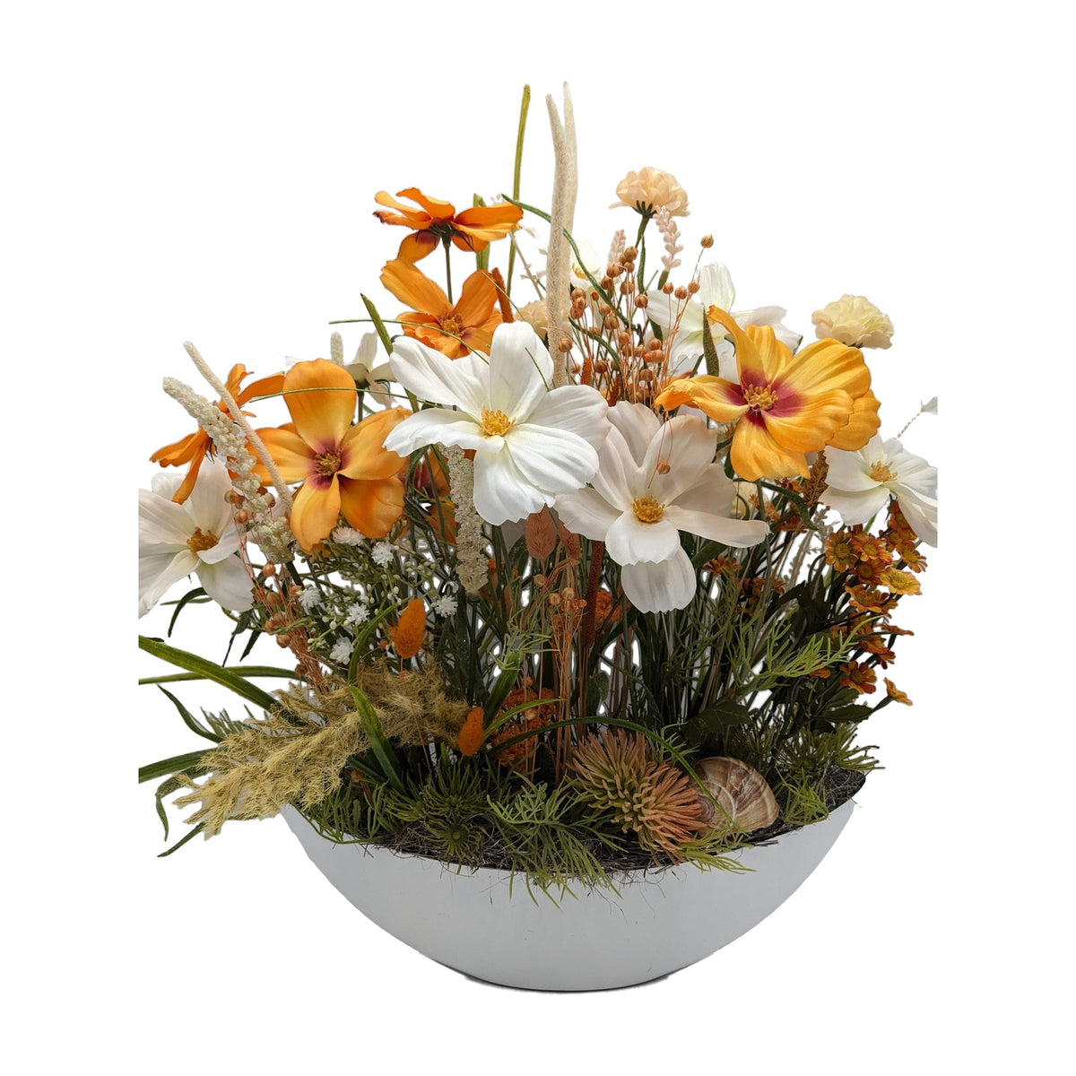 Freigestellt Sommergesteck Blüten Gräser Schnecke orange weiss