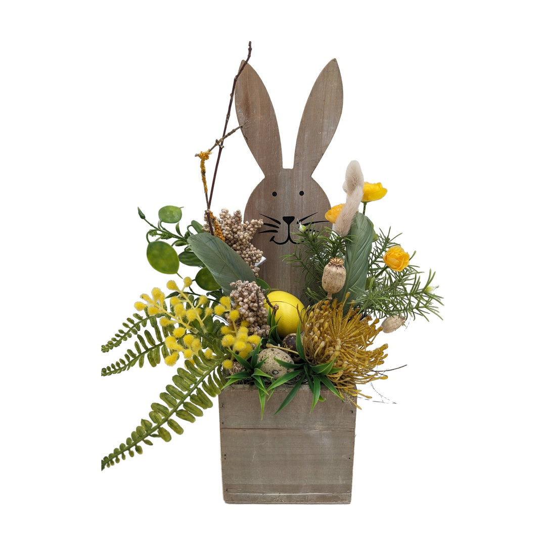 Freigestellt Ostergesteck Frühlingsgesteck Hase Gräser Mimosen gelb creme