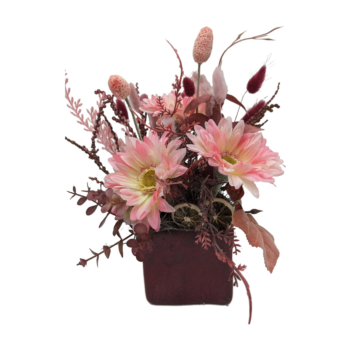 Freigestellt Frühlingsgesteck Gerbera Gräser rosa rot in Keramiktopf