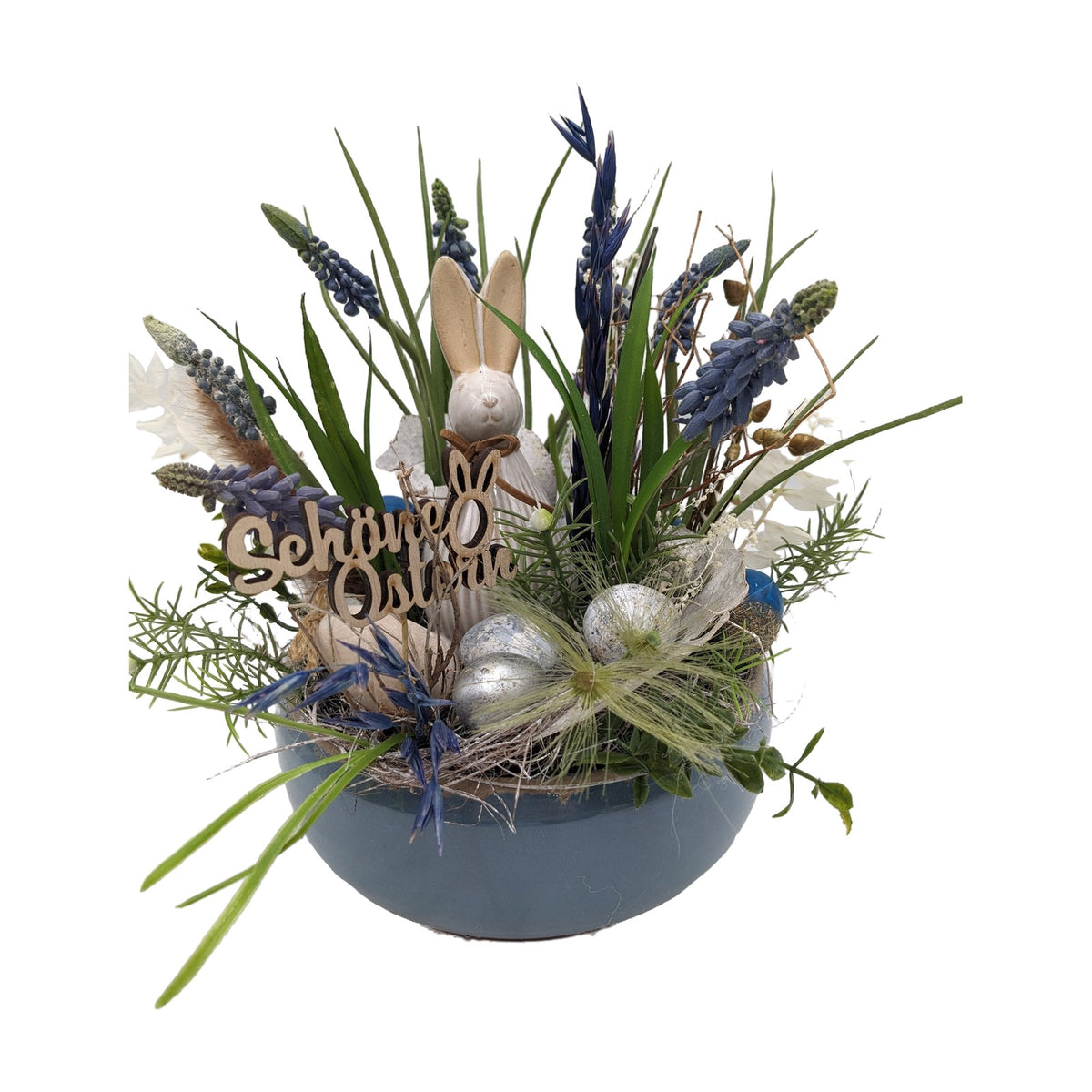 Freigestellt Ostergesteck Frühlingsgesteck Hase Hyazinthen Gräser blau
