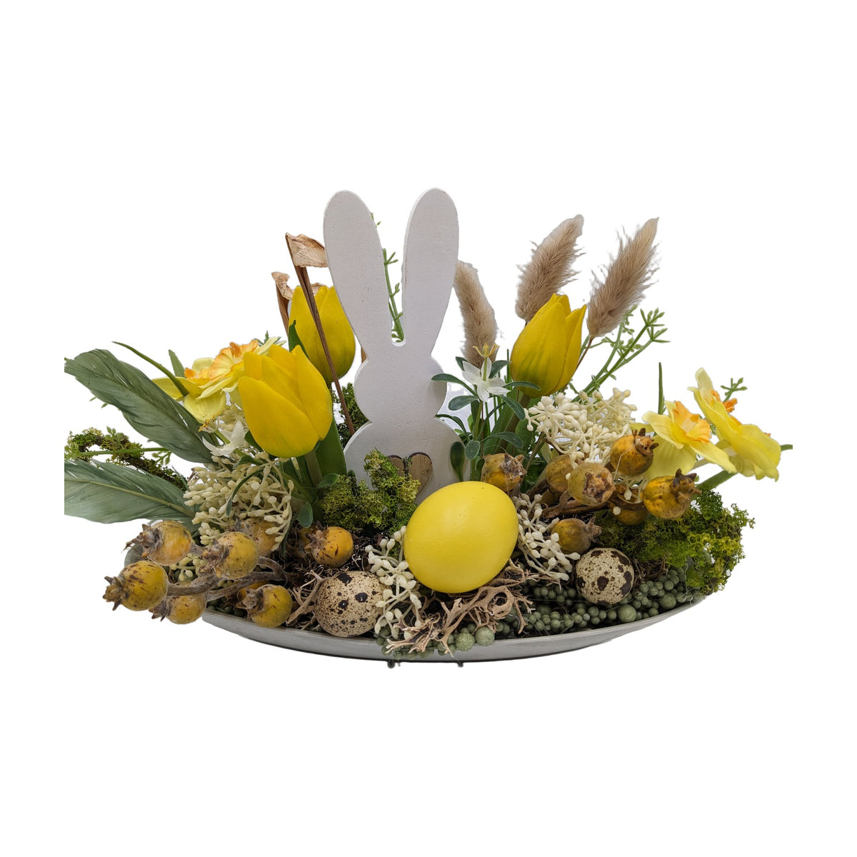 Freigestellt Ostergesteck Tulpen Hase Narzissen gelb weiß