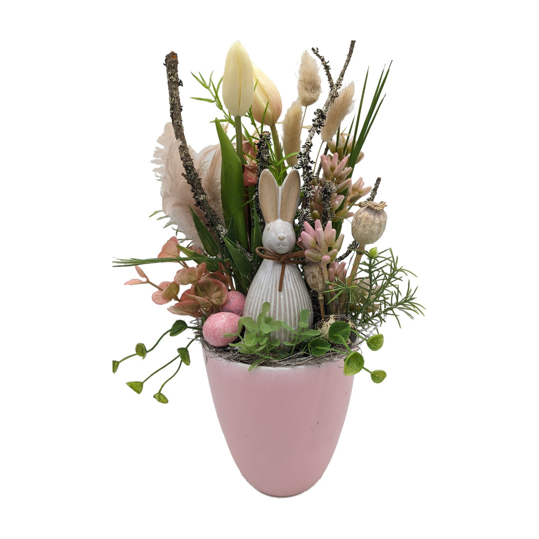 Freigestellt Ostergesteck Hase Tulpen Gräser rosa creme
