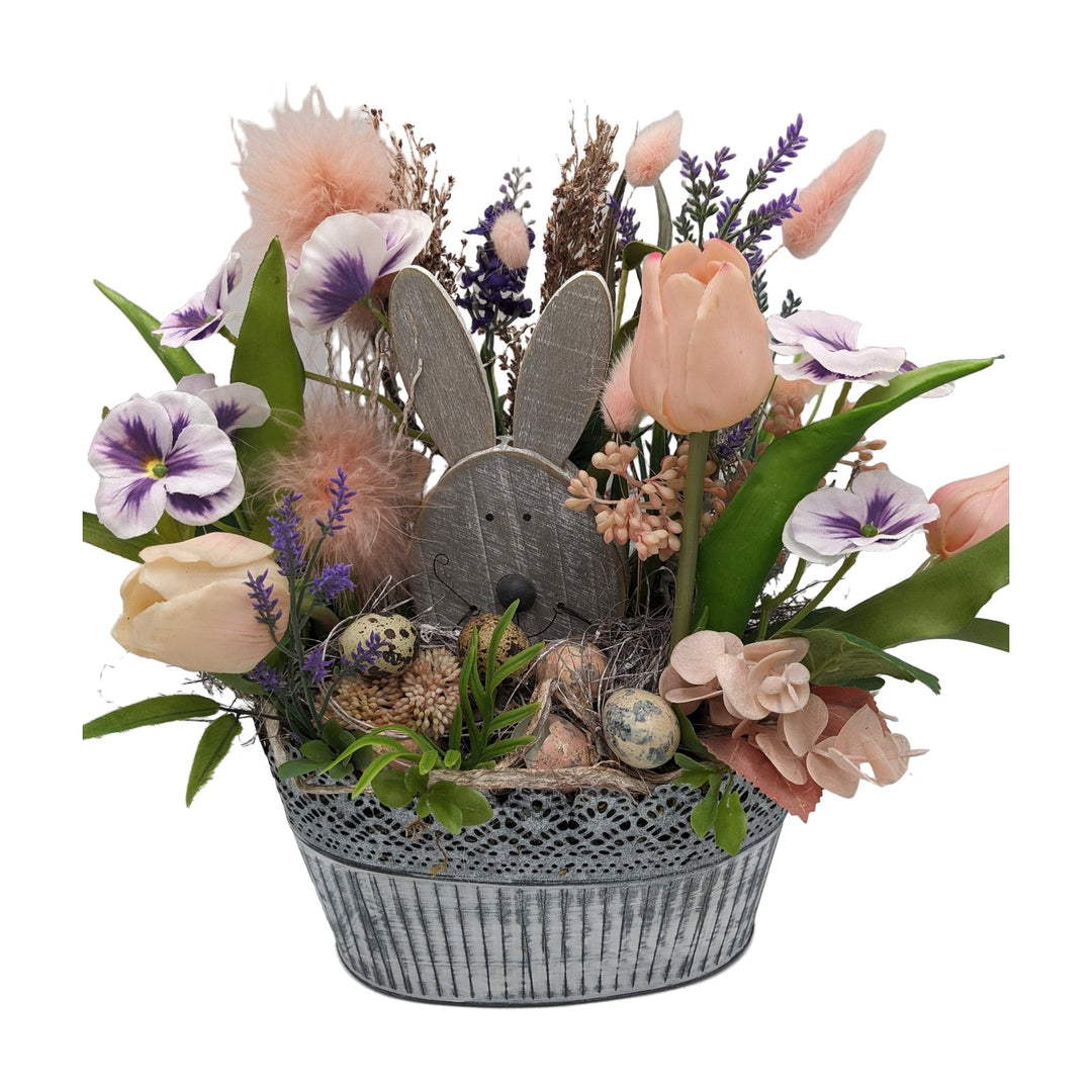 Freigestellt Ostergesteck Tulpen Stiefmütterchen Holzhase apricot lila