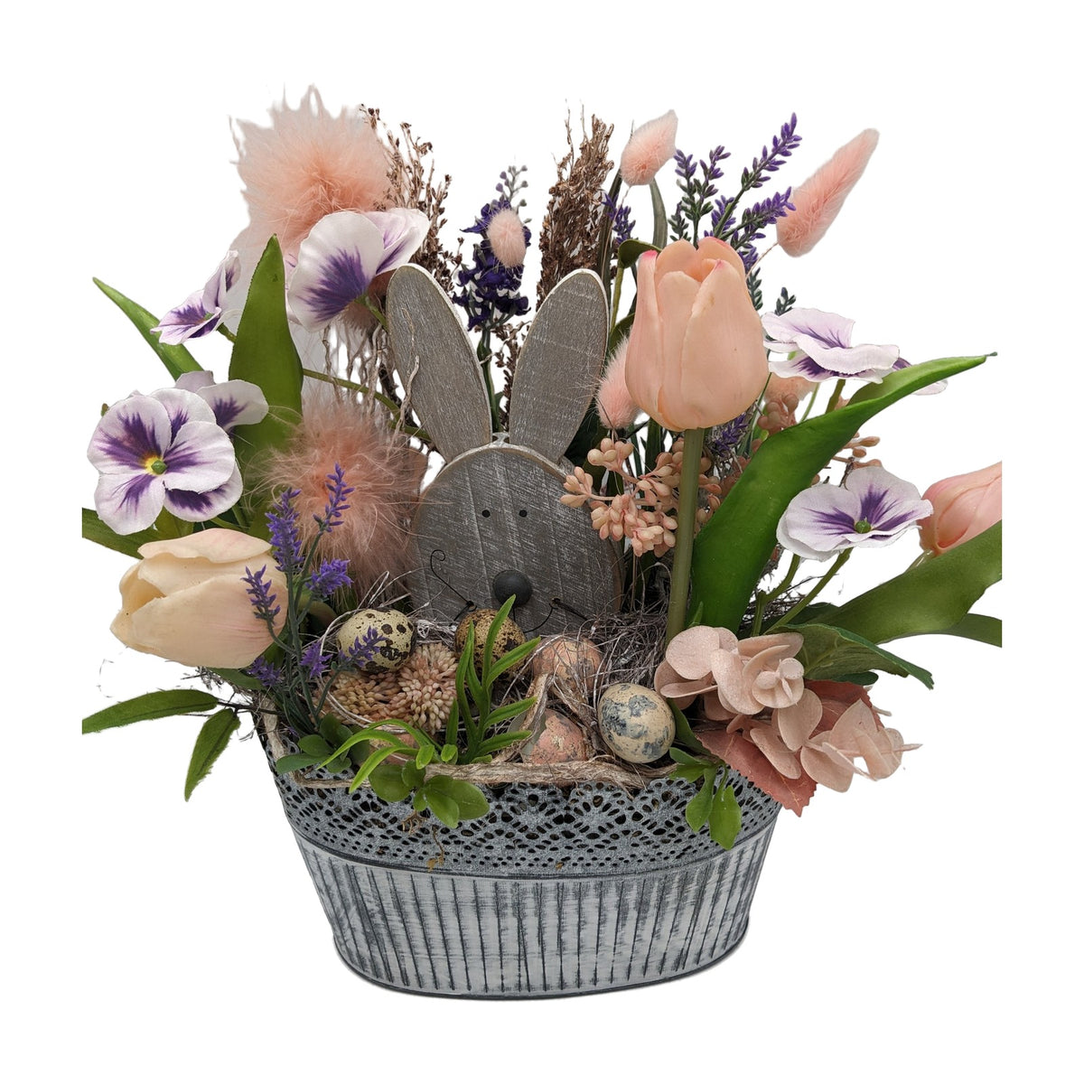 Freigestellt Ostergesteck Tulpen Stiefmütterchen Holzhase apricot lila