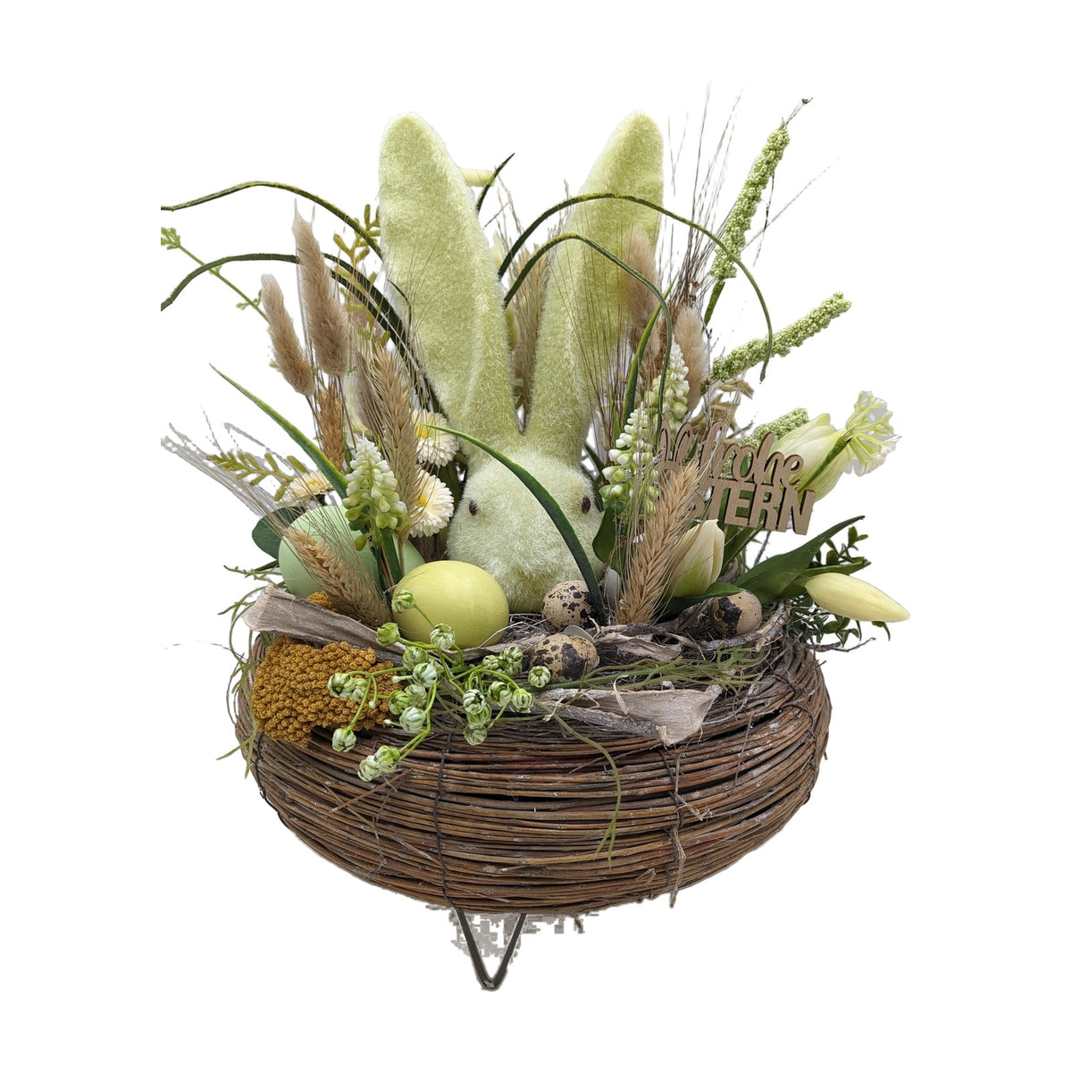 Freigestellt Ostergesteck Frühlingsgesteck Hase Bellis Gräser grün gelb