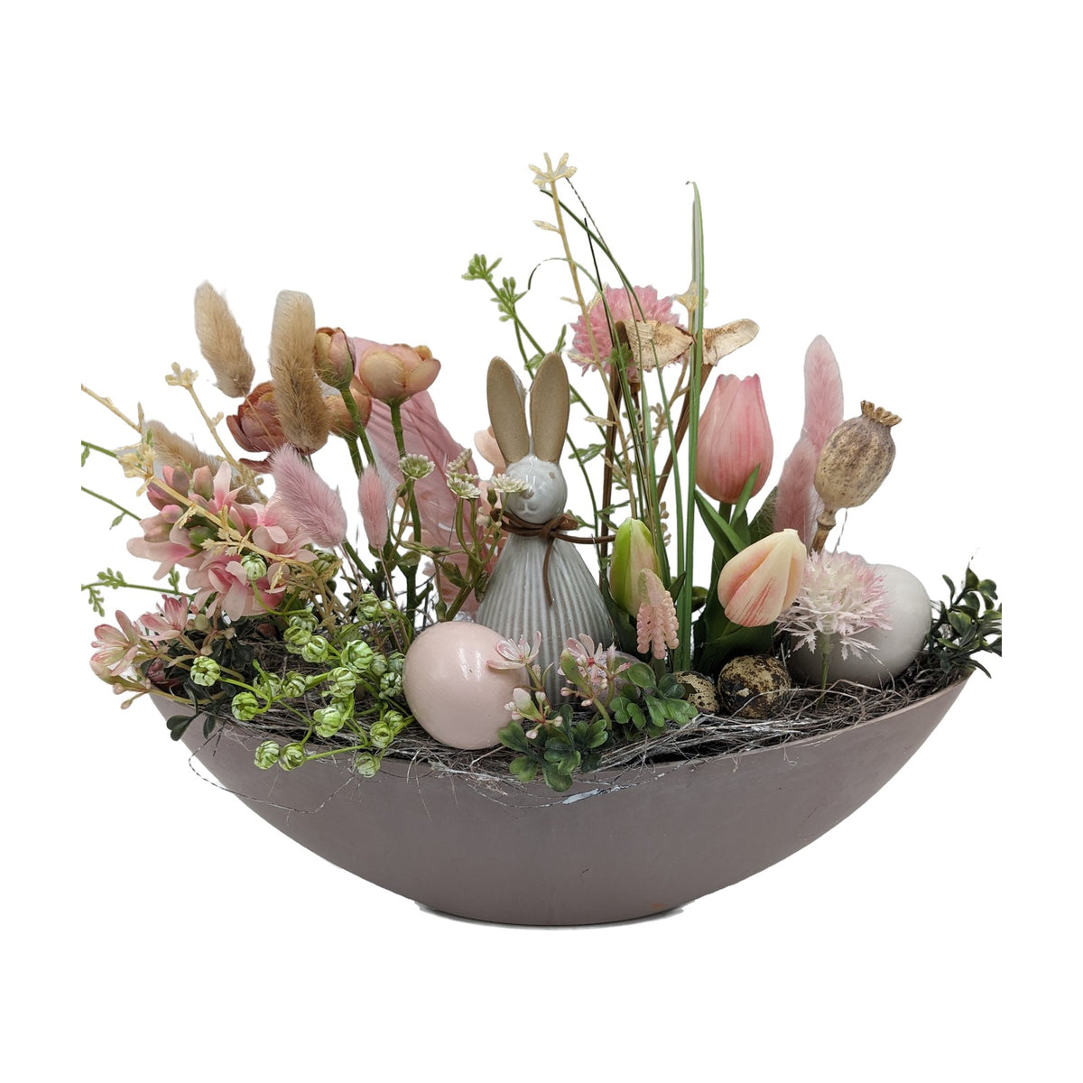 Freigestellt Ostergesteck Frühlingsgesteck Hase Tulpen Gräser rosa