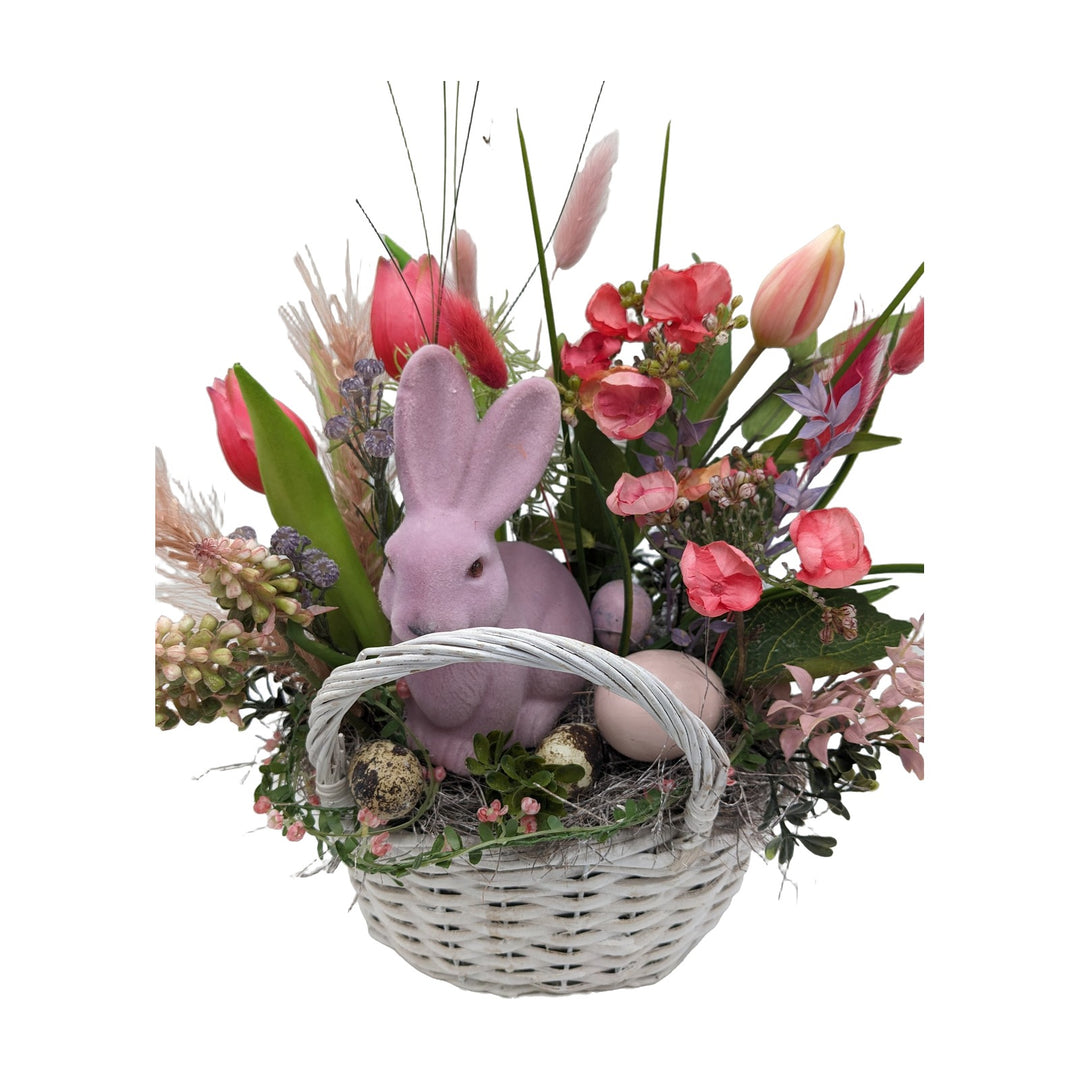 Freigestellt Ostergesteck Frühlingsgesteck Hase Tulpen Gräser rosa