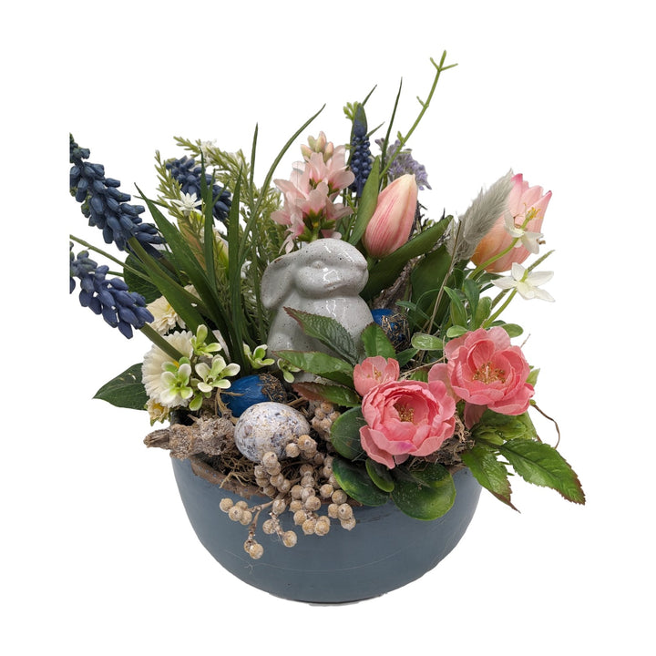 Freigestellt Ostergesteck Frühlingsgesteck Tulpen Hyazinthen Hase rosa blau