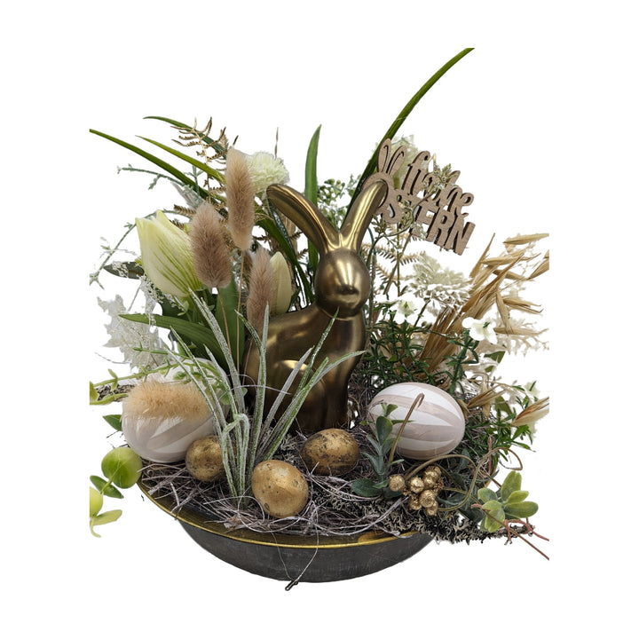 Freigestellt Ostergesteck Frühlingsgesteck Hase Tulpen Eier gold weiss