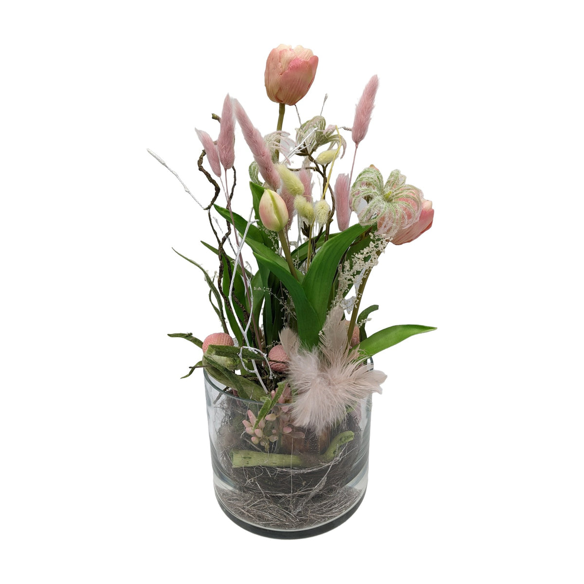 Freigestellt Frühlingsgesteck Tulpen Federn Gräser im Glas rosa