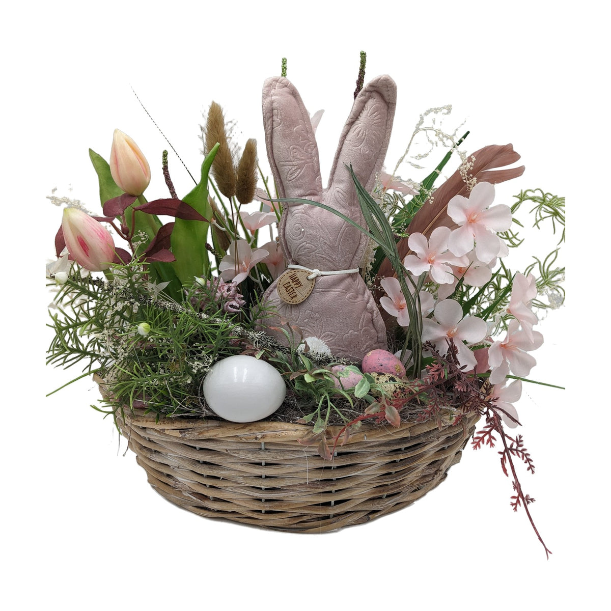 Freigestellt Ostergesteck Frühlingsgesteck Tulpen Gräser Hase rosa