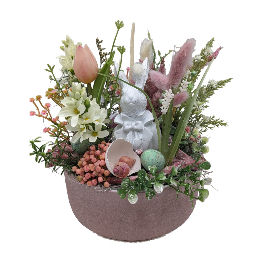 Freigestellt Ostergesteck Frühlingsgesteck Tulpe Hyazinthen Hase rosa weiß