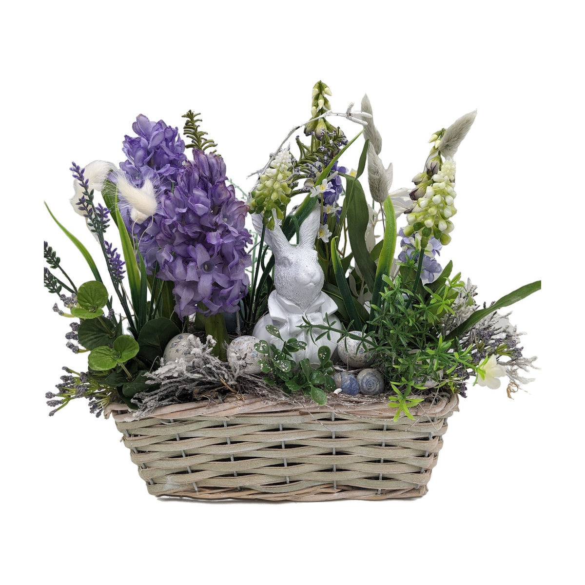 Freigestellt Ostergesteck Frühlingsgesteck Hyazinthen Hase Gräser lila weiß