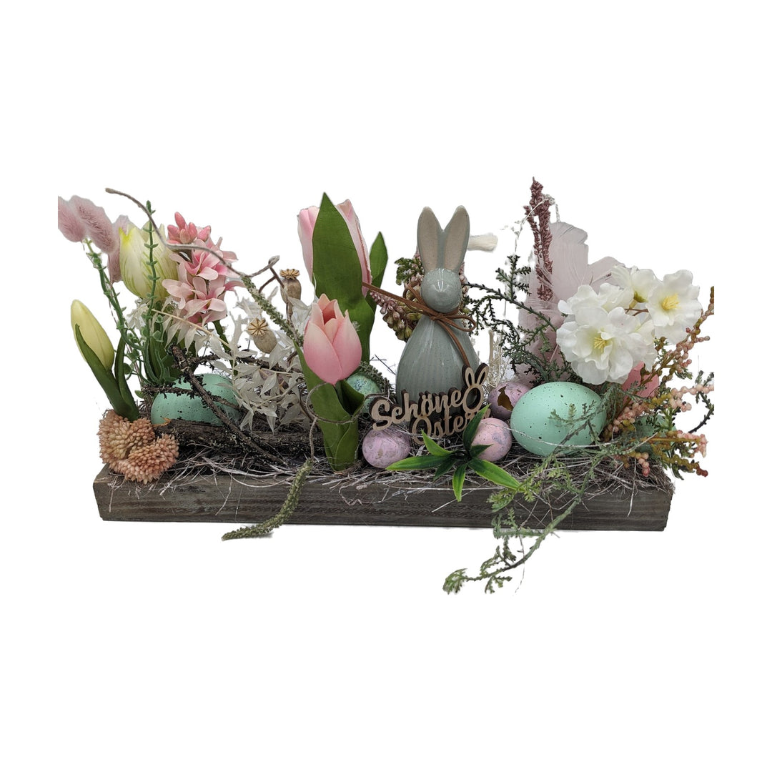 Freigestellt Ostergesteck Frühlingsgesteck Hase Tulpen Eier rosa weiß