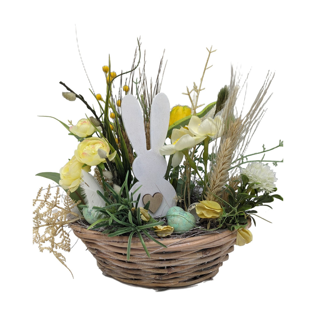 Freigestellt Ostergesteck Frühlingsgesteck Tulpen Gräser Hase weiß gelb
